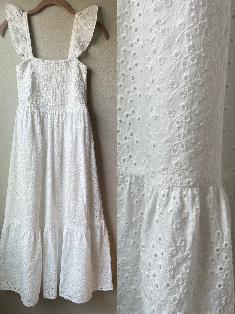 Nanette Lepore White Eyelet smocked midi length white cotton dress